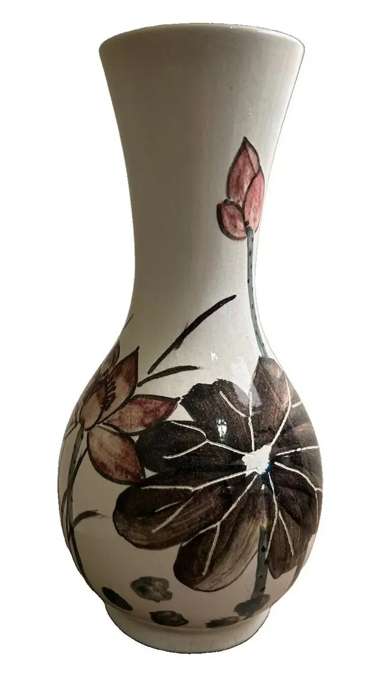 Vtg Japanese Lotus Crackle‎ Glaze White Vase Hand Painted Pink Floral 12.5” MCM